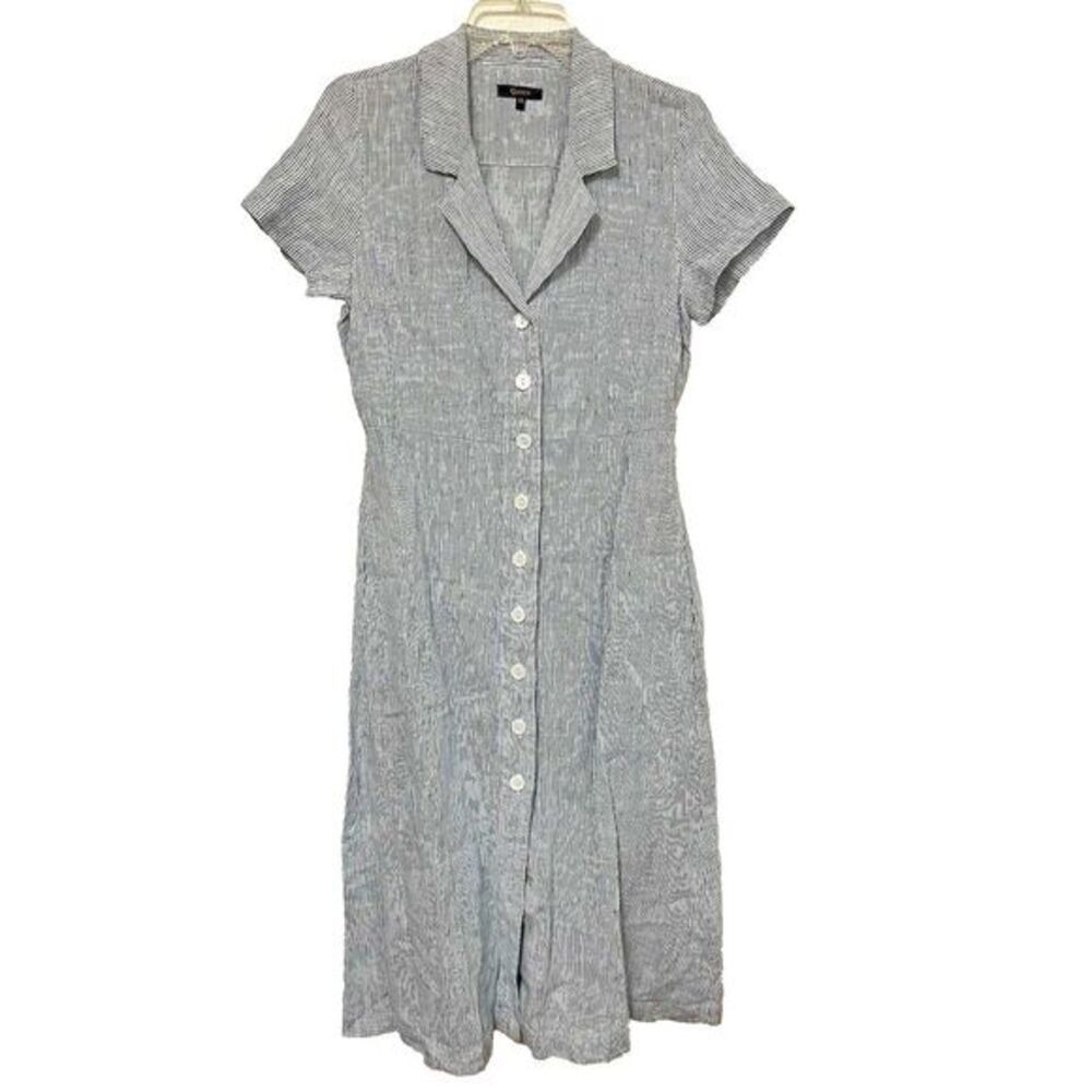 Quince 100% European‎ Linen Button Front Women XS Blue Pinstripe Beach Vacation
